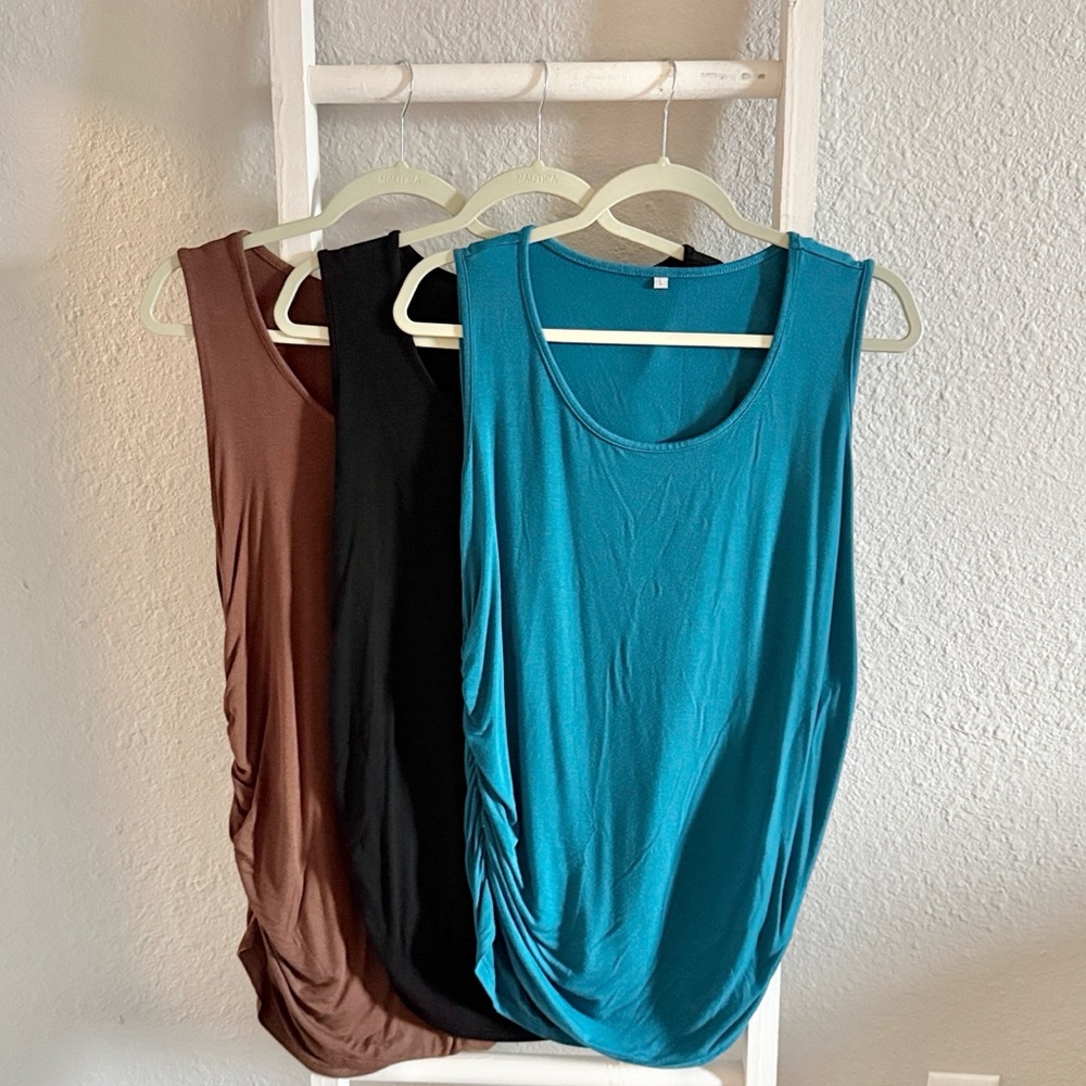 Pack of 3 Maternity Tank Tops, Sleeveless Side Ruched Crew Neck Pregnancy Tshirt